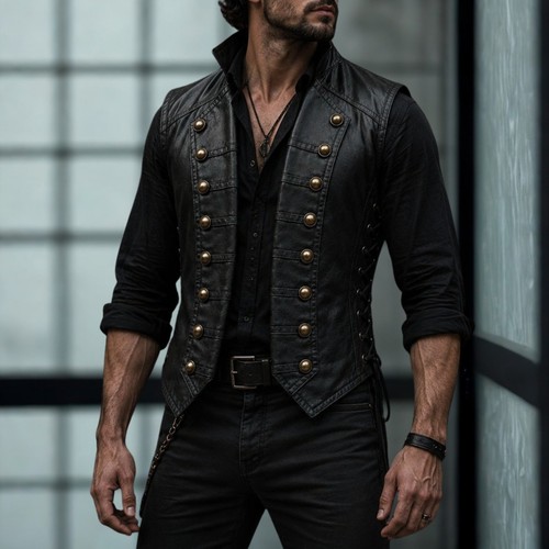 Black leather men vest - black,