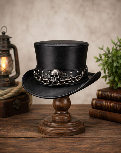 Black leather top hat - black, gothic