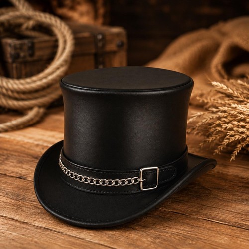 Black leather top hat men - leather,