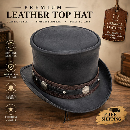 Black leather top hat - leather,