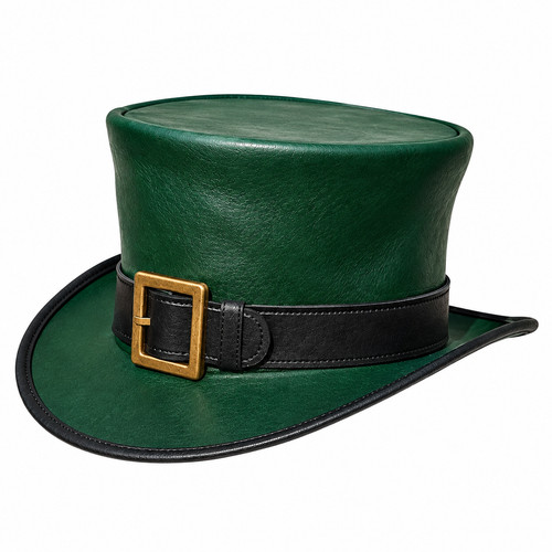 Green leather top hat - leather,