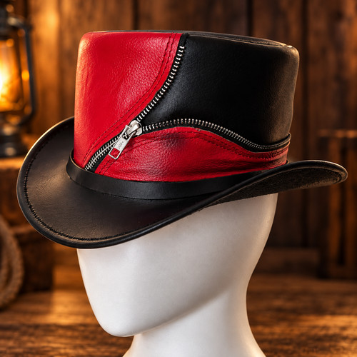 Red black leather top - black, hat